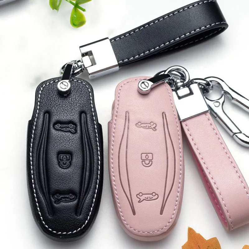 Leather Keyless Car Smart Remote Key Fob Chain Case Cover Holder For Tesla 