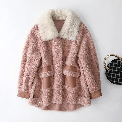 Pink Винтаж розовый стрижки овец кожаная куртка Для женщин Зимняя одежда в Корейском стиле Короткие пальто из натурального меха, женские Шерстяное пальто меховые верхние Hiver 1919 - Цвет: Pink