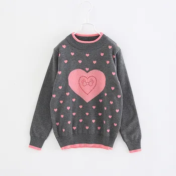 

2020 Winter Kids Sweater Heart Shape Autumn Thick Gray Round Collar Shool Girls 3 4 6 8 10 12 Years Old Children Clothes 205006
