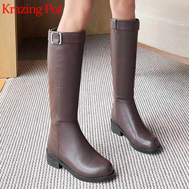 

krazing pot basic cow leather knight boots belt buckle straps med heels round toe women Zipper warm solid thigh high boots L88