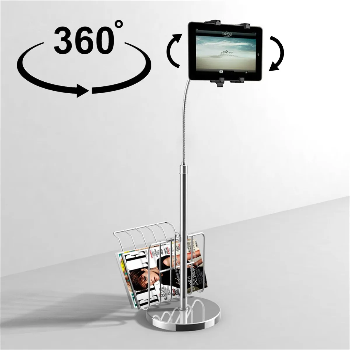 

360 Degree Rotatable Foldable Universal Multi-direction Tablet Floor Stand With Magazine Basket Mount Holder Bracket For Ipad