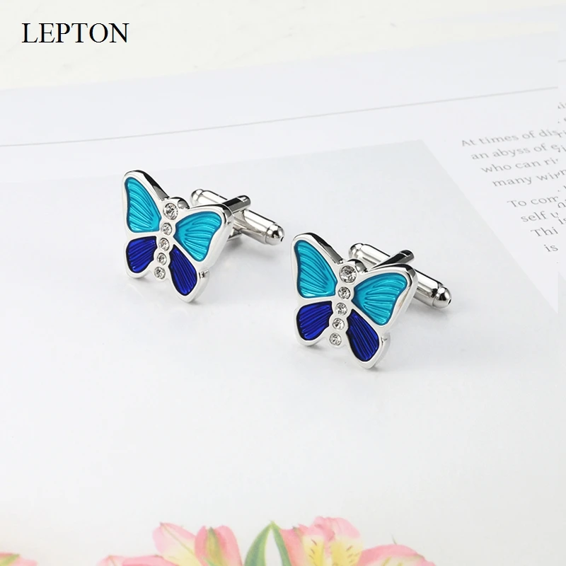 Lepton 남성용 고품질 크리스탈 커프스 단추 나비 동물 디자인 셔츠 커프스 결혼 선물 무료 배송