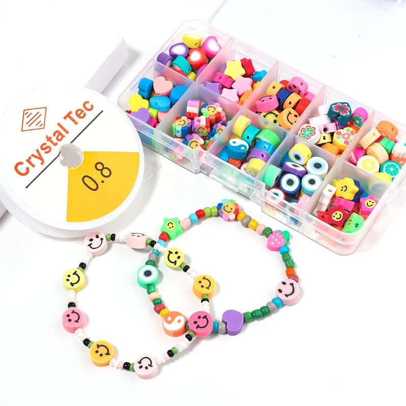200pcs/Box Eye Heart Star Yinyang Smiley Polymer Clay Beads Set Spacer Beads Kit For Jewelry Making DIY Bracelet Necklace