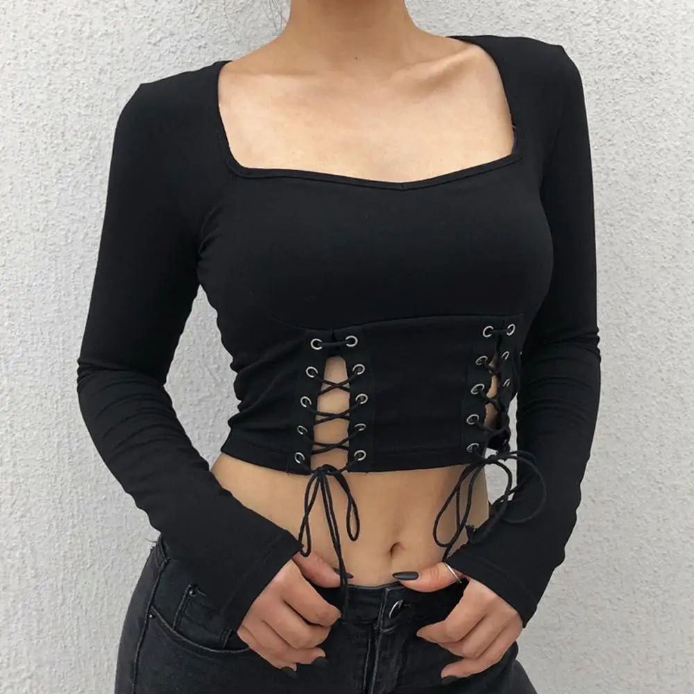 

Sexy Women Short Shirt Women Causal Shirt Gothic Punk Square Neck Solid Color Long Sleeve Shirts Ladies Streetwear Blouse #20