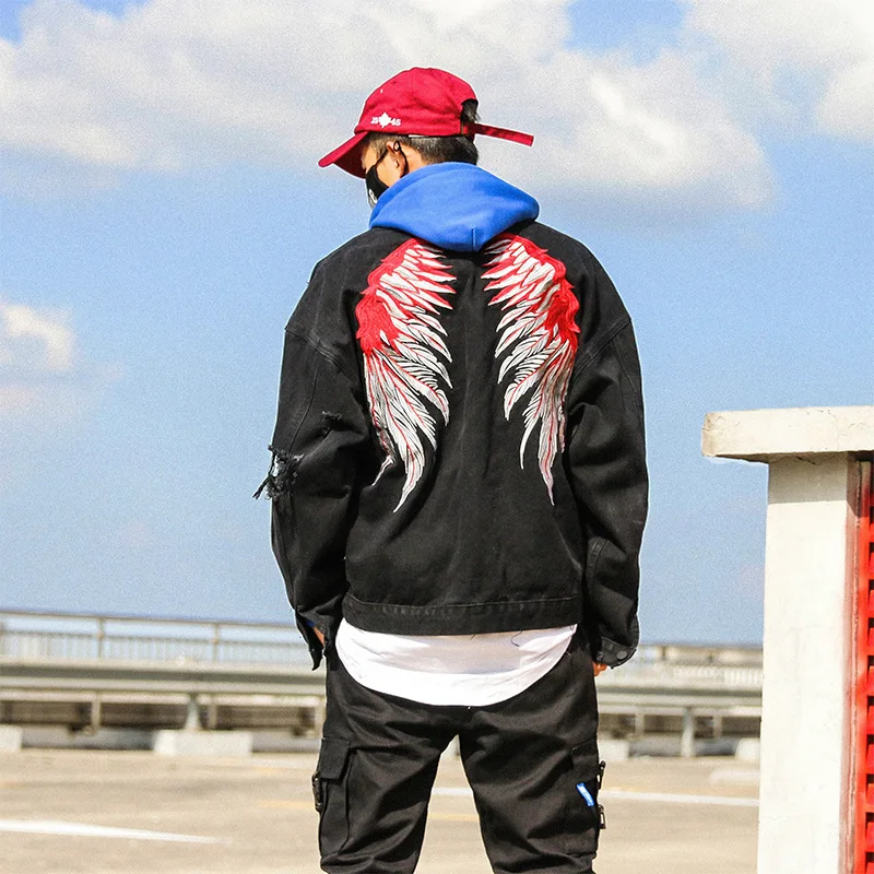 Марка New Fashion Hi Street Для Мужчин's рваные Джинсовые куртки крылья Джинсы с вышивкой куртки пальто на весну-осень для мужчин