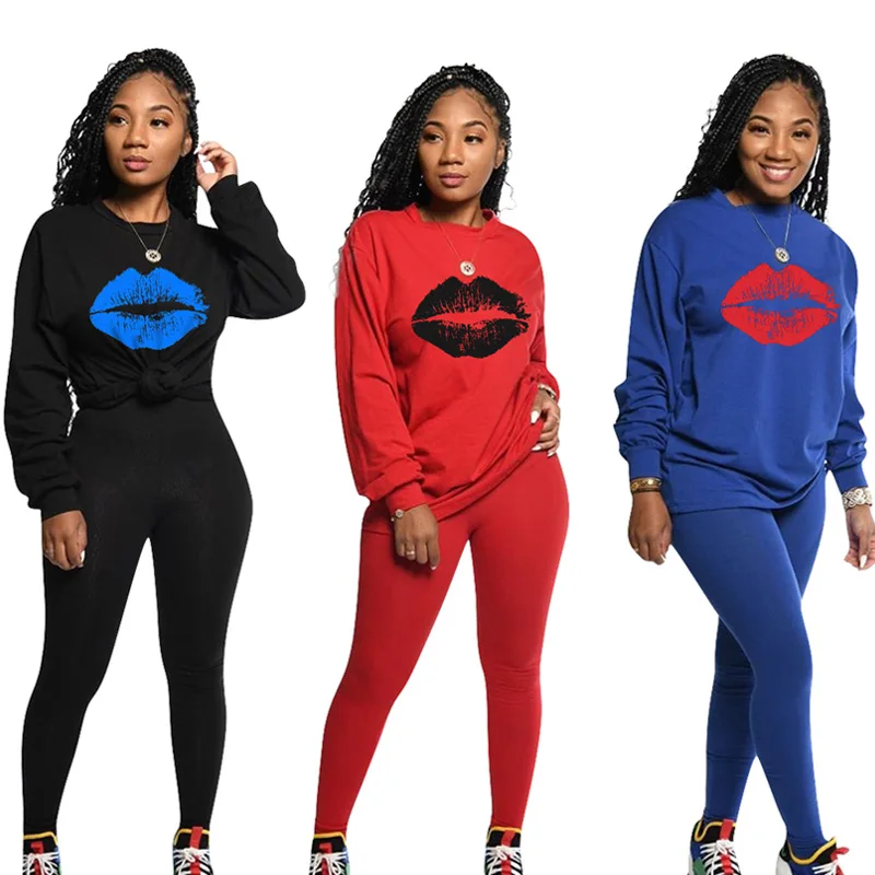 

Autumn 2 Piece Set Women Red Lips Print Hoodies Tops Pants Sportswear Lady Tracksuit Sets Chandal Mujer 2019