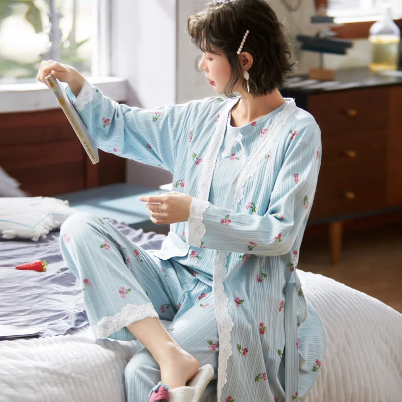 Женский пижамный комплект из 3 предметов, милый Повседневный пижамный комплект для беременных с длинными рукавами, осенний хлопковый Пижамный комплект для кормящих женщин, Пижамный костюм - Цвет: C3YT 9hao 3619