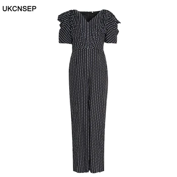 

UKCNSEP 2020 Spring New Hit Color Polka Dot Jumpsuit For Women V Neck Ruched Short Puff Sleeve High Waist Jumpsuit Female