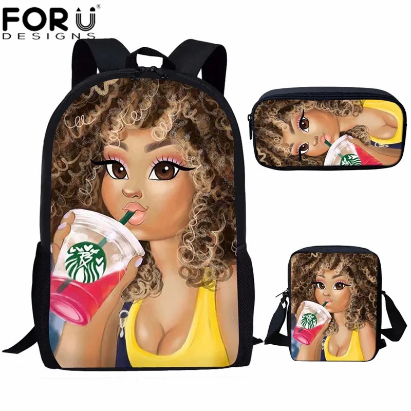 FORUDESIGNS/Детский рюкзак, школьные сумки для девочек, комплект для детей, черный рюкзак с принтом в африканском стиле для девочек - Цвет: Z5232ECK