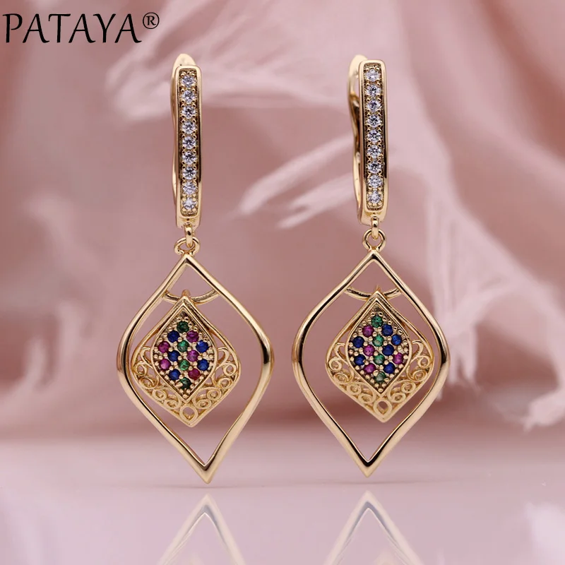 PATAYA New Women Long Earrings 585 Rose Gold Colorful Natural Zircon Fashion Jewelry Unique Hollow Double Layer Dangle Earrings photo