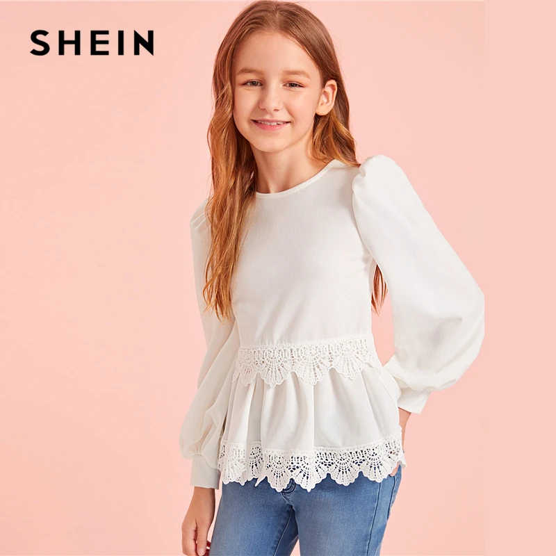 SHEIN Kiddie/Белое однотонное гипюрное кружево для отделки, милая блузка для девочек детские топы года, Осенние Блузы на молнии с пышными рукавами и оборками