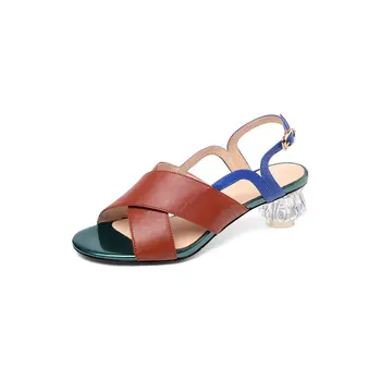 

Real Leather 4cm Strange Heels Sandals Women Summer Shoes Comfortable Elegant Band Buckle Green White Sandals
