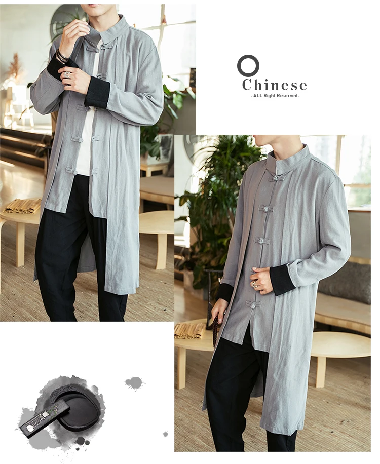 Mid long jacket coat chinese style pant koue male trench coat manteaulong homme autumn long sleeve 3 colors