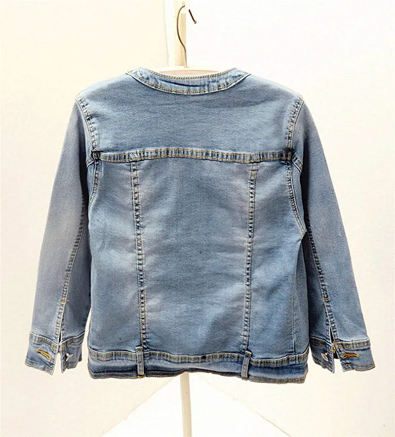 Promo  Denim Jackets Trendy XU Washed Three Quarter Sleeve Stretch Collarless Short Jeans Coat