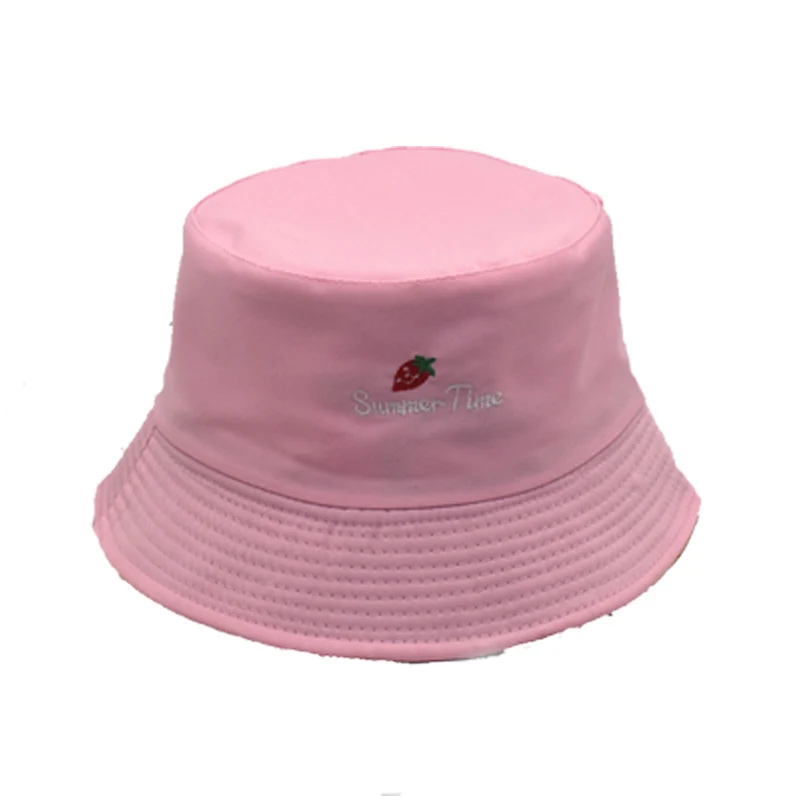 Hot Sale White Bucket Sun Hat Cute Strawberry Embroidery Alphabet Girl Fisherman Hat Ladies Foldable Outdoor Basin Hat M88