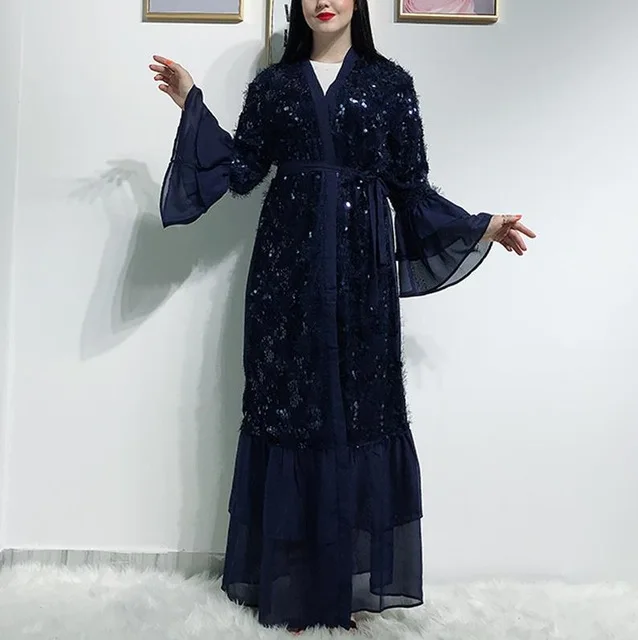 Dark blue cardigan Кисточкой блестками женское платье Дубая исламский, мусульманский платье хиджаб длинное кимоно Восточный халат из марокена Арабский исламский халат одежда - Цвет: Dark blue cardigan