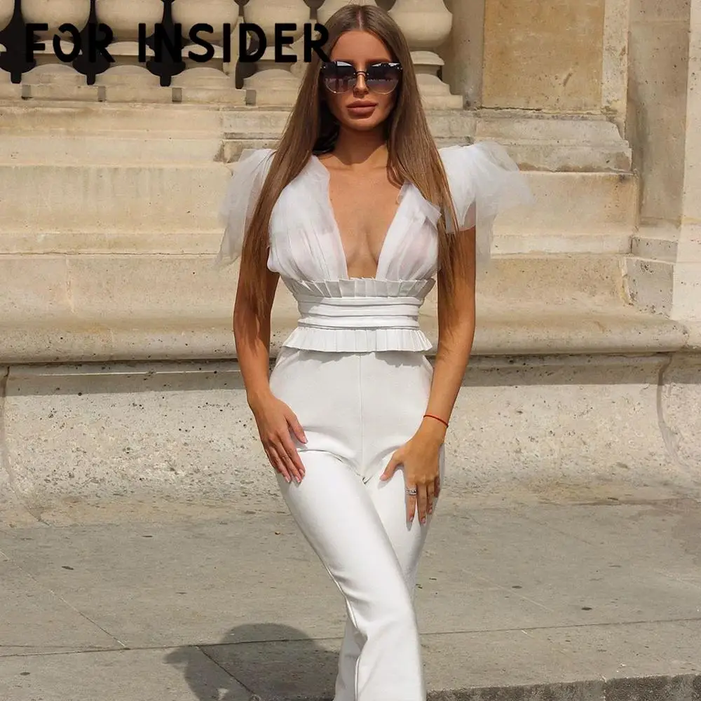 

For Insider Elegant v neck sexy long jumpsuit romper Mesh black party women jumpsuit Leather corset fashion overalls playsuit