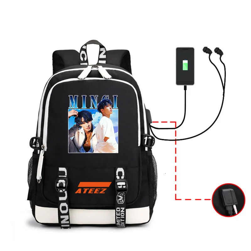 Kpop Ateez рюкзак периферийная сумка мужская и женская сумка на оба плеча Usb гарнитура линия компьютерная упаковка