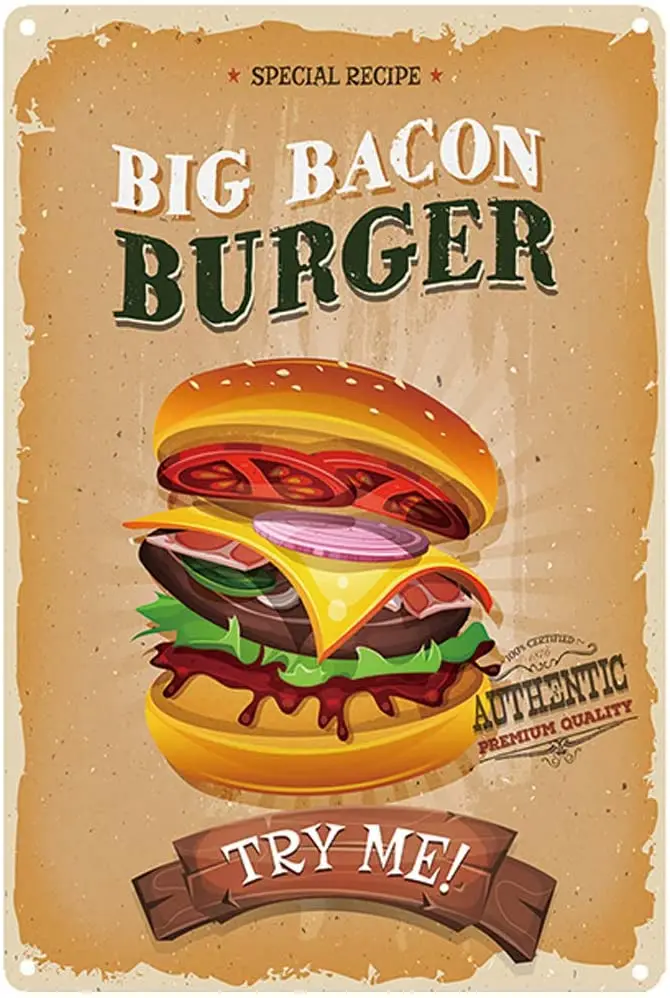 

Original Retro Design Tin Metal Sign Wall Art | Big Bacon Burger | Thick Tinplate Print Poster Wall Decoration for Kitchen/Res