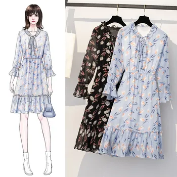 

Chiffon Plus Size Summer Dress Women's Long Sleeve Long Dresses Spring autumn Korean Floral Dresses Female Vestidos 4XL 5XL