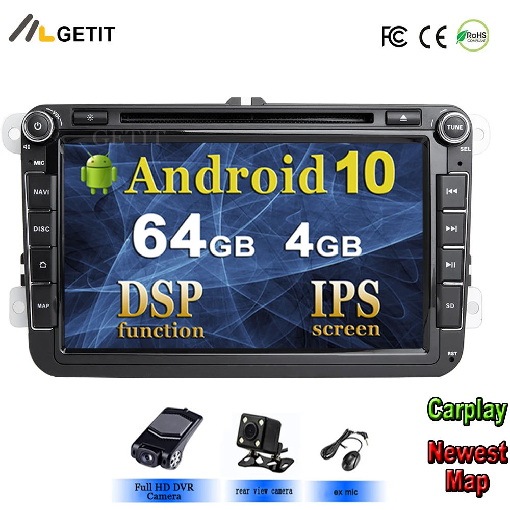DSP ips Автомобильный мультимедийный плеер Android 10 gps 2 Din автомагнитола аудио авто для VW/Volkswagen/POLO/PASSAT/Golf 8 ядер ram 4 г 64 г