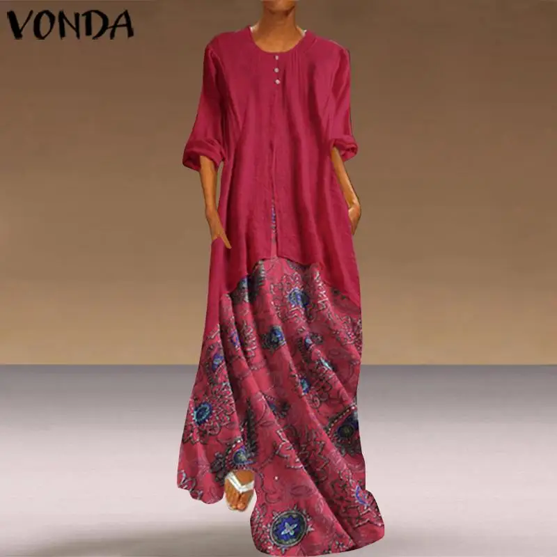 VONDA/женские платья с длинными рукавами, имитация двух частей, лоскутное Макси платье для беременных с цветочным принтом, вечерние платья-рубашки, богемные платья