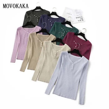 

Autumn Winter Sexy Sweater Women Pullover Knit Sweater Female Shiny Lurex Pullover Sweater Women Button Jumper V-Neck Pull Femme