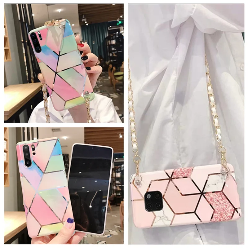 

marble chain strap tpu case for huawei mate 20 pro lite P30 P20 pro lite nova 5 pro 4e case cover lattice shoulder lanyard soft