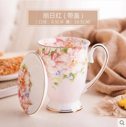 Костяного фарфора, кружка для воды, для офиса, керамическая с крышкой, ложка, цветок, простая чашка для завтрака, молока, кофе, фарфоровая, европейский стиль, 320 мл - Цвет: 11