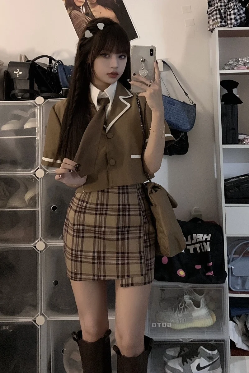 Suit Schoolgirl College Short Sleeved Coat Tie White Shirt Plaid Buttock Skirt |