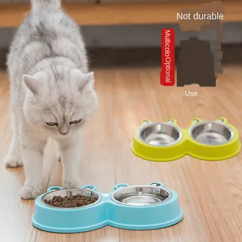 

Cat Bowl cartoon frog bowl stainless steel dog bowl medium and small dog dual-use rice bowl detachable double bowl food bowl pet