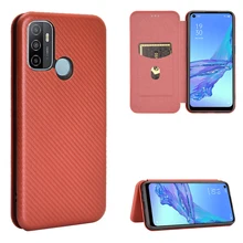  Carbon Fiber Pattern Case For OPPO A53/A32 2020 Card Holder Magnetic Protective Flip Cover 