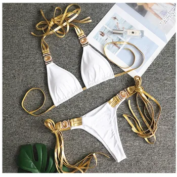 

Golden Tassels Swimming Bathing Suit Sexy Bikini Mujer Crystal Swimwear Two Pieces Swimsuit Women Bandage Beach Swimwear Bikinis
