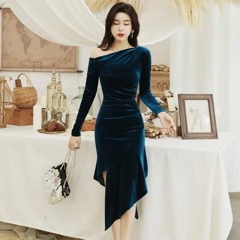 

2019 New Autumn and Winter Korean Style Sexy Dresses Women Long Sleeve Slim Irregular Bodycon Velvet Dress Party Dress NS1403