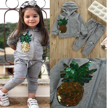 

2020 Spring Autumn Kids Girl Outfit Glitter Pineapple Hoodie Top+Hole Long Pant Sport Clothes Set Children Casual Clothing Suit