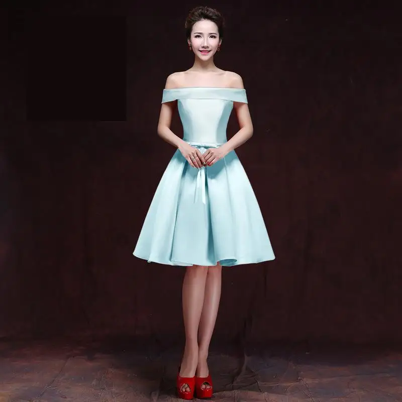 New Simple Candy Color Satin Short Bridesmaid Dress Sexy Boat Neck Off The Shoulder Lace Up Fashion Slim Cheap Party Gown - Цвет: Lake Blue