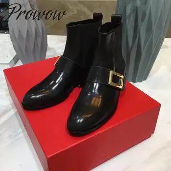 

Prowow New Luxury Genuine Leather Buckle Strap Ankle Boots Round Toe Slip One Thick Heel Low Heel Autumn Winter Boots Shoes Wome
