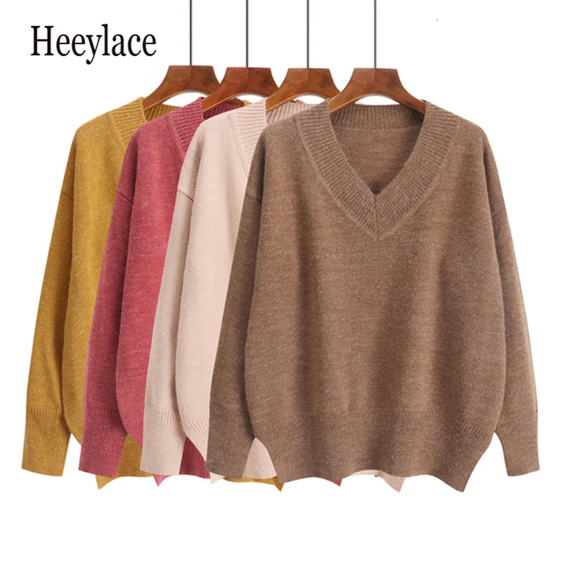 

2019 Autumn Winter Women Casual 4 Colour V-Neck Computer Knitted Solid Pullovers Loose Office Lady Fashion Sweater Tops