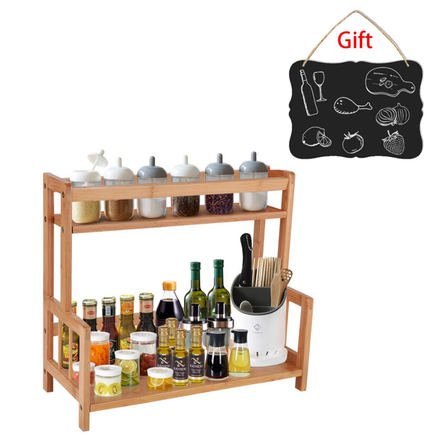 キッチン収納ラック 2 一層竹木製収納棚収納オーガナイザーキッチンスパイスホルダー瓶ボトルディスプレイ本棚 財布 ホルダー Aliexpress