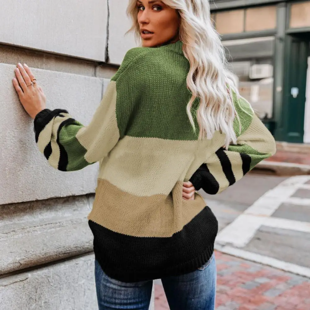 Women Winter Sweater Pullover 2021Round Neck Long Sleeve Black Sweater Jumper Loose Knitted Casual Stripe Knitwear Top Sweather