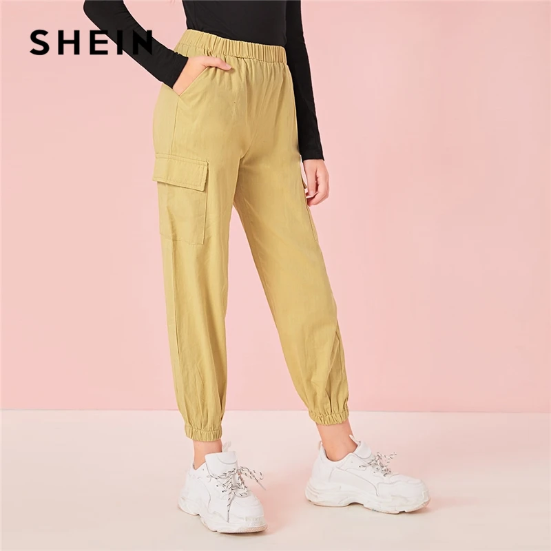 SHEIN Kiddie Solid Pocket Patched Girls Casual Cargo Pants Teenagers Bottoms 2019 Autumn Elastic Waist Long Trousers For Chldren