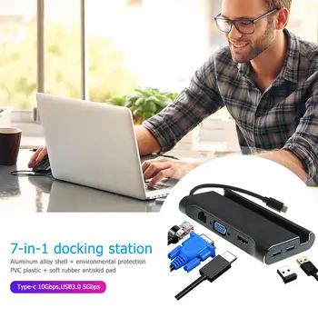

Durable Type-C HUB Classic Delicate 7 in 1 Type-C HUB Converter 4K Video HDMI VGA RJ45 3 USB 3.0 Splitter Adapter