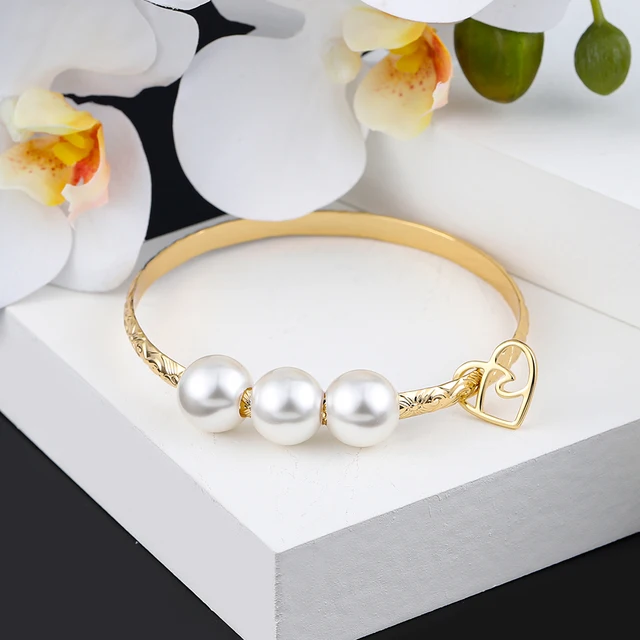 Hawaiian Women's Hand Bangle Bracelets Love Heart Purple Pink Pearl Gold Wedding Charm Bracelet Bangles Jewelry for Women 2021 SL2170GOWH
