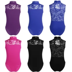 Kids Girls Ballet Leotard Sleeveless Mock Neck Lace Dance Gymnastics Yoga Bodysuit Professional Ballerina Performance Costume