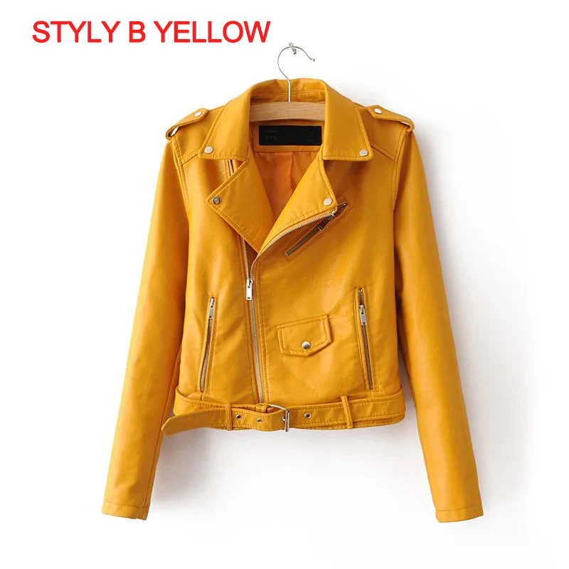 Style B Yellow Женская кожаная куртка, мотоциклетная, осенняя, с длинным рукавом, на молнии, мягкая, искусственная кожа, куртки, белые, женские пальто, верхняя одежда - Цвет: Style B Yellow