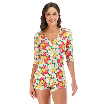 

2020 Long sleeve V neck Bodycon Stretchy backwoods Onesie Shorts Rompers Adult Onesie Pajamas For Women