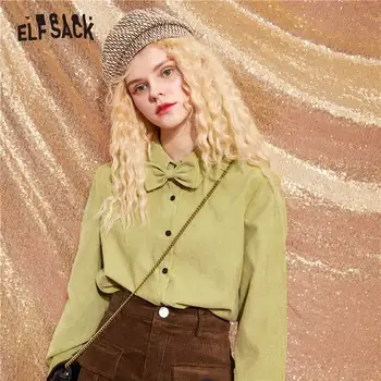

ELFSACK Green Solid Single Breasted Bows Neckline Casual Shirt Women,2020 Autumn ELF Vintage Full Sleeve Korean Ladeis Daily Top