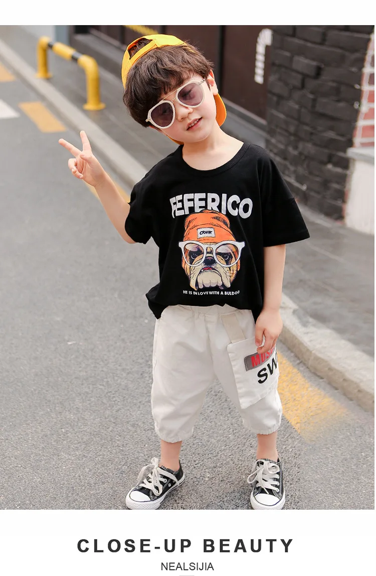Летний комплект из 2 предметов для мальчиков, футболка с короткими рукавами+ джинсы, Детский костюм, Детская уличная одежда, модная стеклянная футболка с надписью «бульдог» для детей 2-7 лет