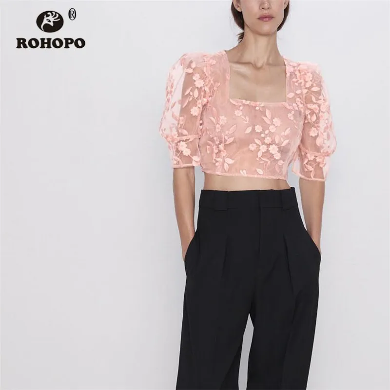  ROHOPO Tulle Embroidery Floral Crop Pink Blouse Square Collar Pullover Transparent Mesh Chic Ladies