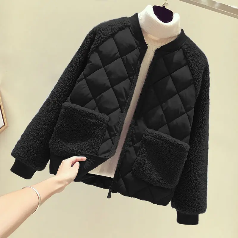 

Cotton dress women short 2020 new loose lambs wool splicing cotton padded jacket small cotton jacket winter coat girl